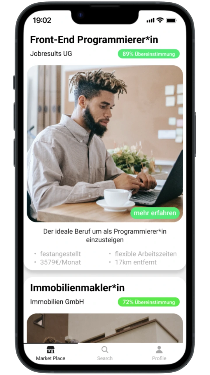 Screenshot des Jobresults Mobile-App Prototyps